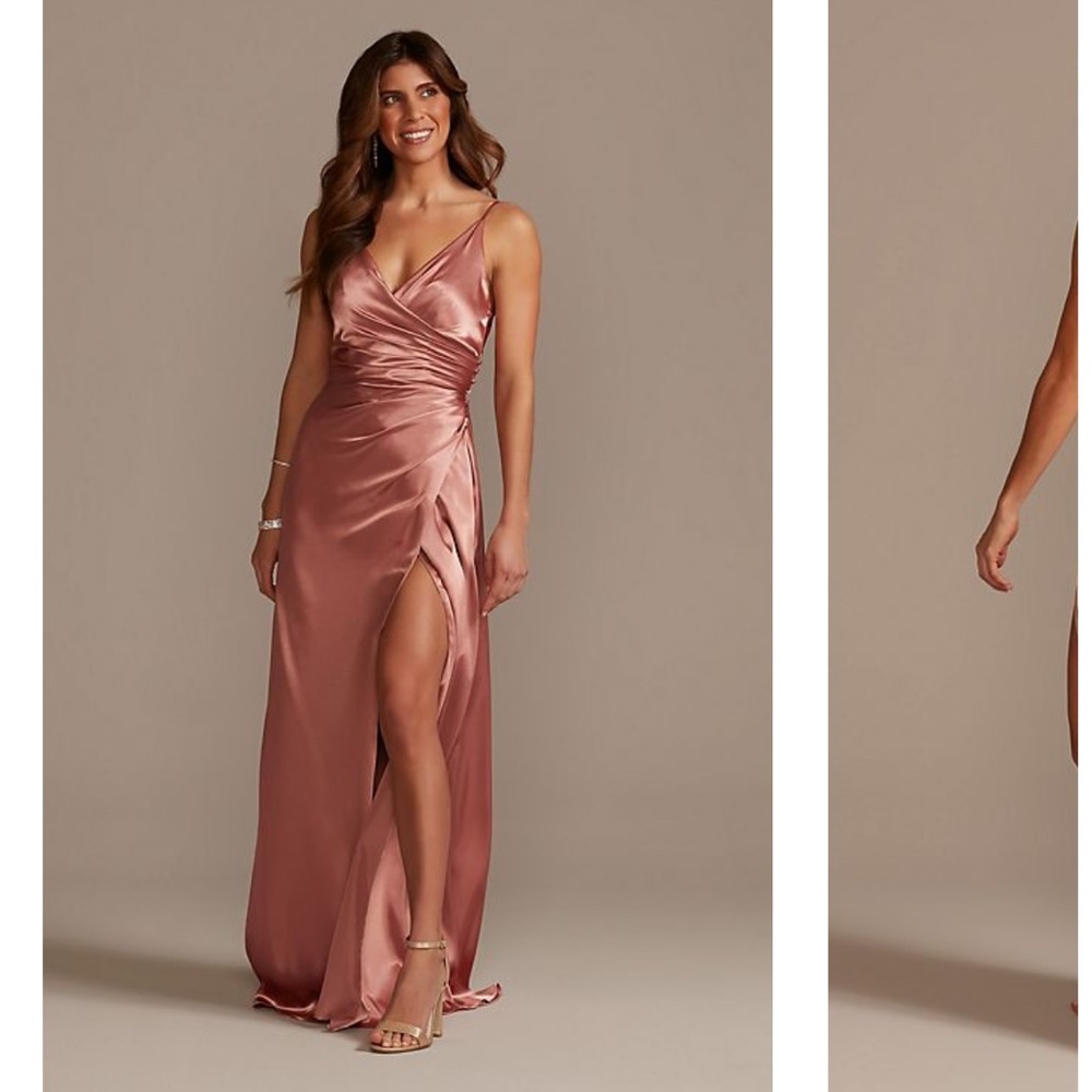 David’s Bridal “charmeuse draped strappy bridesmaids dress” in desert coral